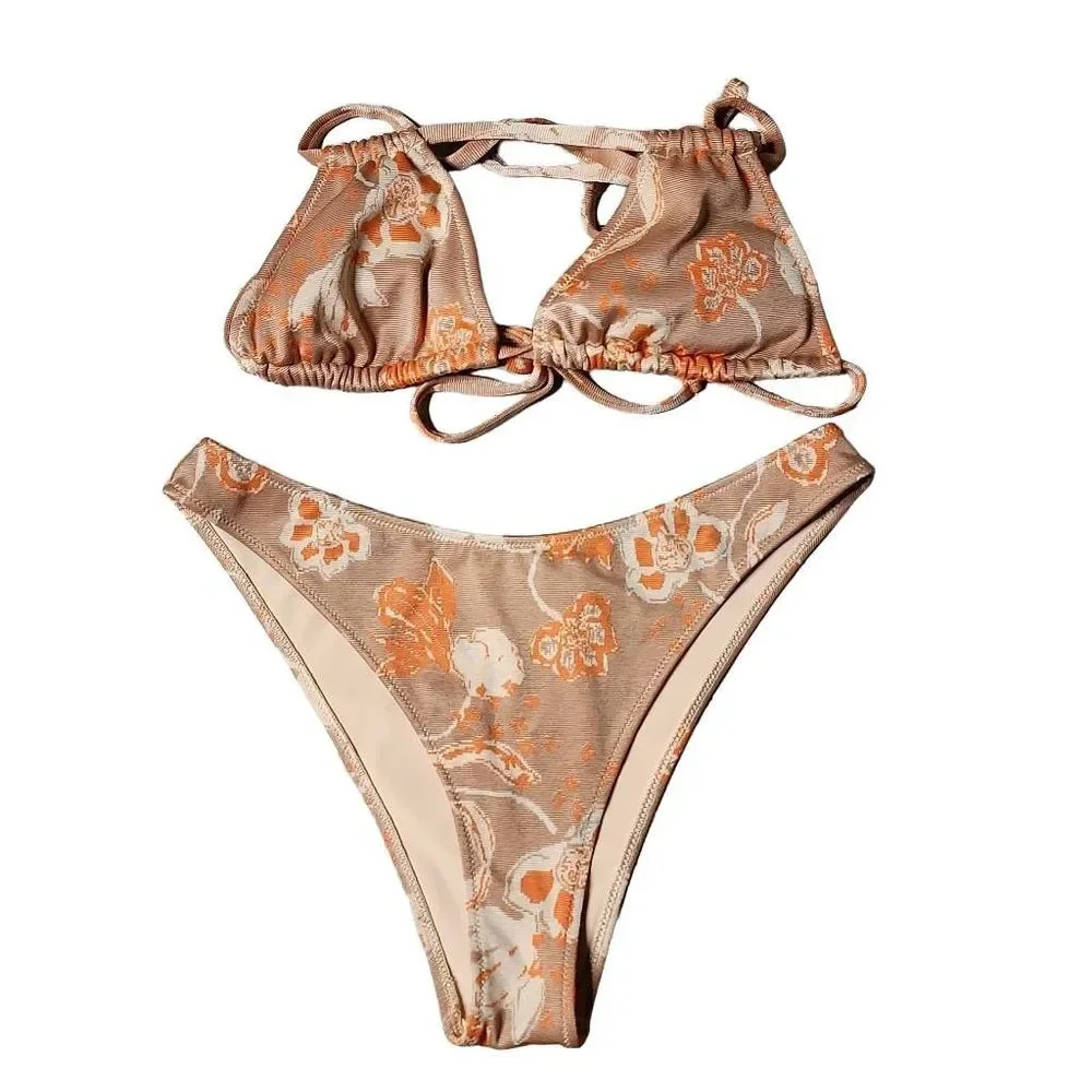 American eagle Aerie triangle cheekiest bikini set rust orange tapestry design - Picture 1 of 7